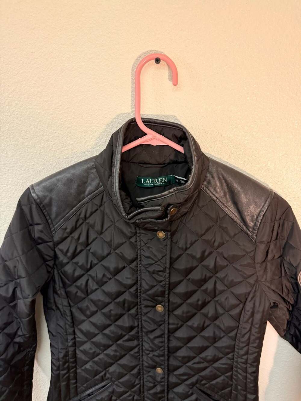 Lauren Ralph Lauren Black Quilted Jacket Faux Leather Trim